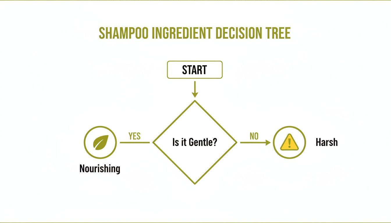 A shampoo ingredient decision tree flowchart illustrating gentle ingredients are nourishing and non-gentle ingredients are harsh.