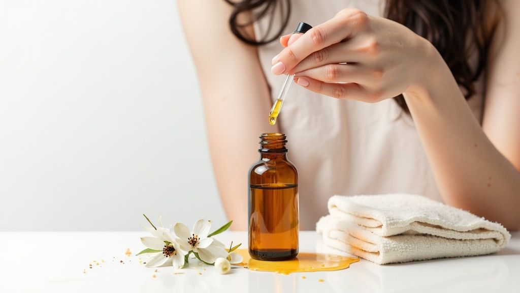A woman's hand dispenses yellow oil from a dropper into an amber bottle, next to flowers and towels.