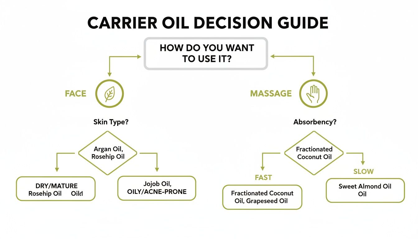 Flowchart guide to select carrier oils for face (by skin type) or massage (by absorbency).