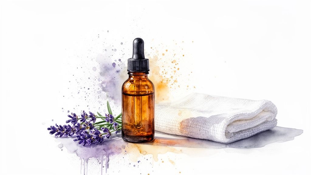 Amber essential oil bottle with dropper, fresh lavender sprigs, and a white towel with watercolor accents.