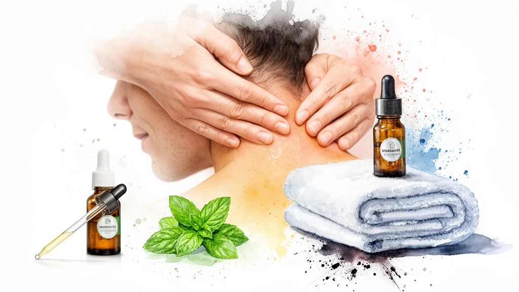 A person receiving a neck massage with peppermint oil, alongside fresh mint leaves and essential oil bottles.