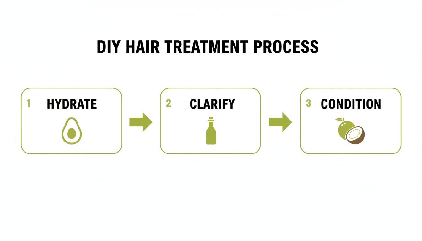Illustration of a DIY hair treatment process with steps: hydrate (avocado), clarify (bottle), condition (coconut).