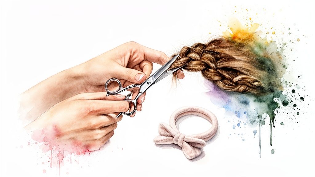 Close-up of hands cutting a braided ponytail with scissors, alongside a pink hair tie, against a watercolor background.