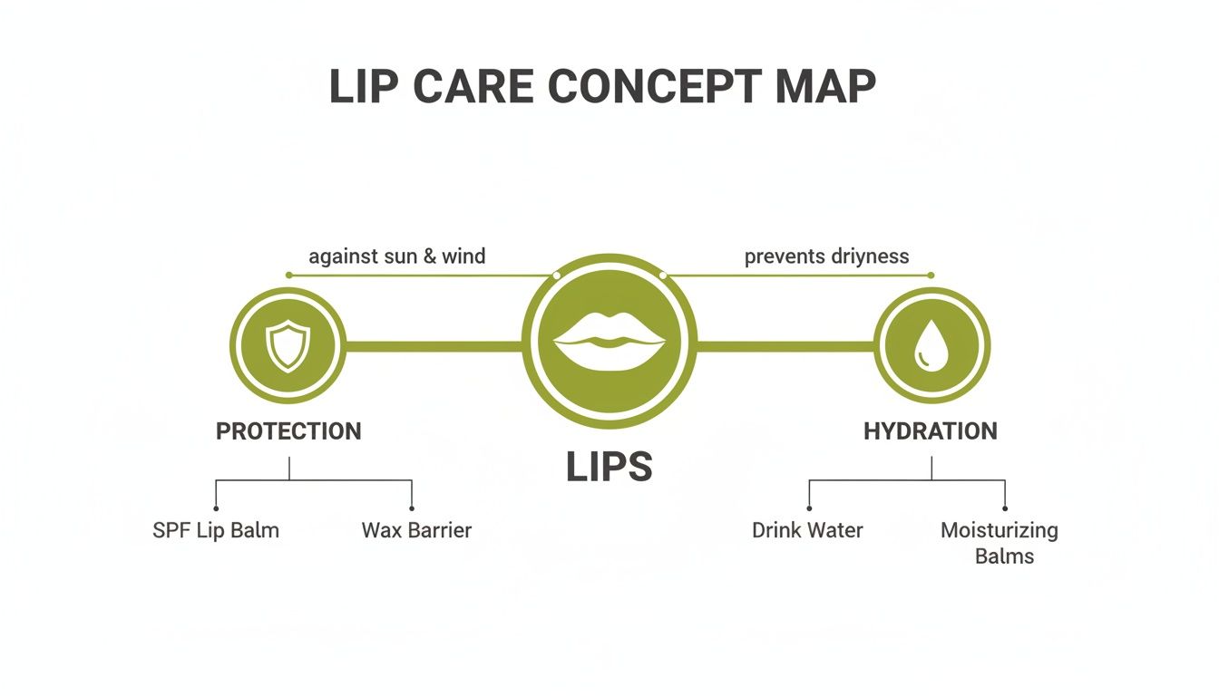 A lip care concept map showing protection with SPF lip balm and hydration with moisturizing balms.