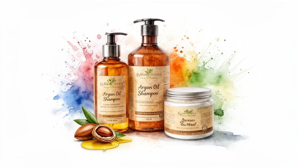 Argan Oil Shampoo bottles and hair treatment jar with argan nuts against a vibrant watercolor splash background.