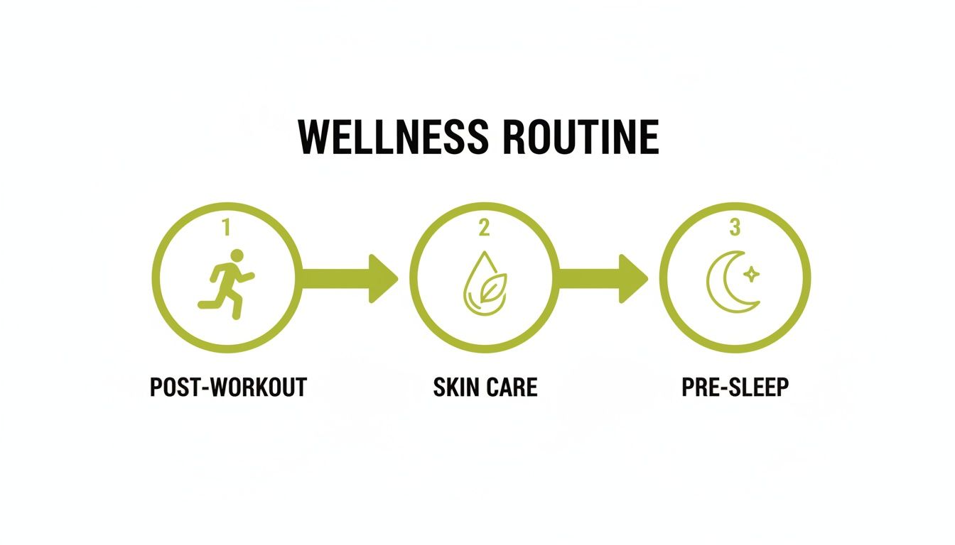 An infographic illustrating a wellness routine with three steps: post-workout, skin care, and pre-sleep.