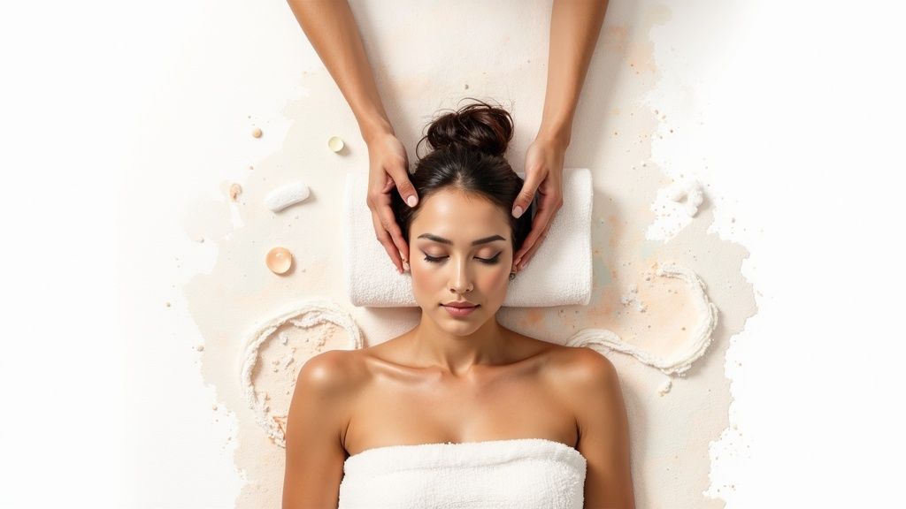 A woman receiving a relaxing head massage at a spa, eyes closed in serenity.