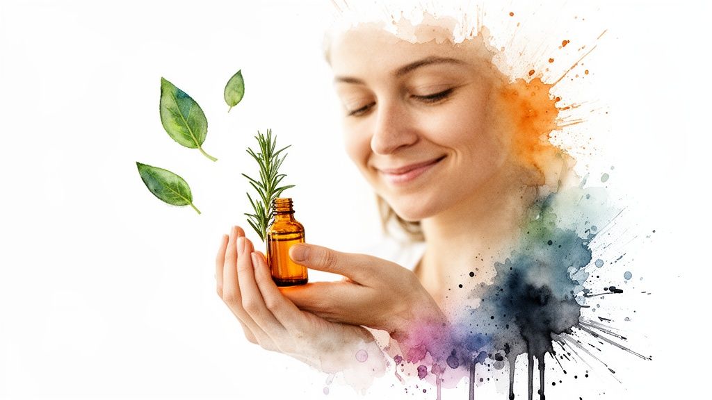 A smiling woman holds an essential oil bottle with rosemary, surrounded by watercolor splashes and green leaves.