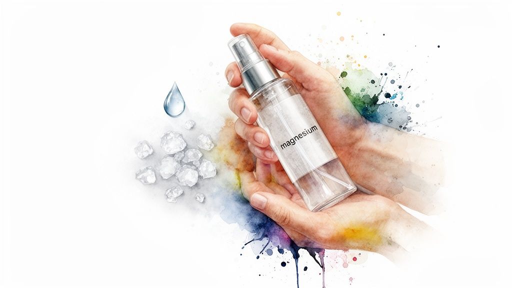 Hands gently hold a magnesium oil spray bottle, surrounded by water droplets and magnesium flakes.