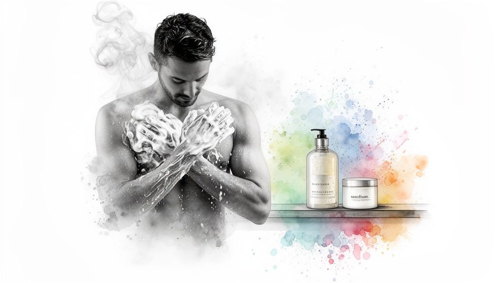 A man in black and white washing with lather in the shower, next to colorful body wash and moisturizer bottles.