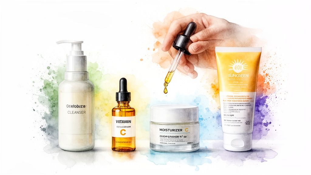 A vibrant watercolor image of a complete skincare routine: cleanser, vitamin C serum, moisturizer, and sunscreen, with a hand holding a dropper.