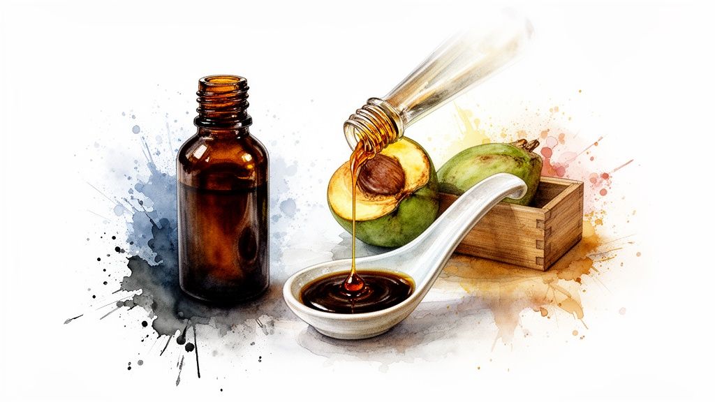 Batana oil is poured from a bottle onto a fruit and into a spoon, in a watercolor style.