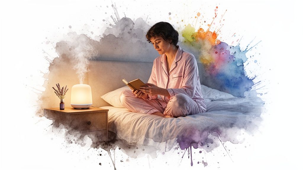 Person in pajamas reads in bed with essential oil diffuser and lavender for relaxation.