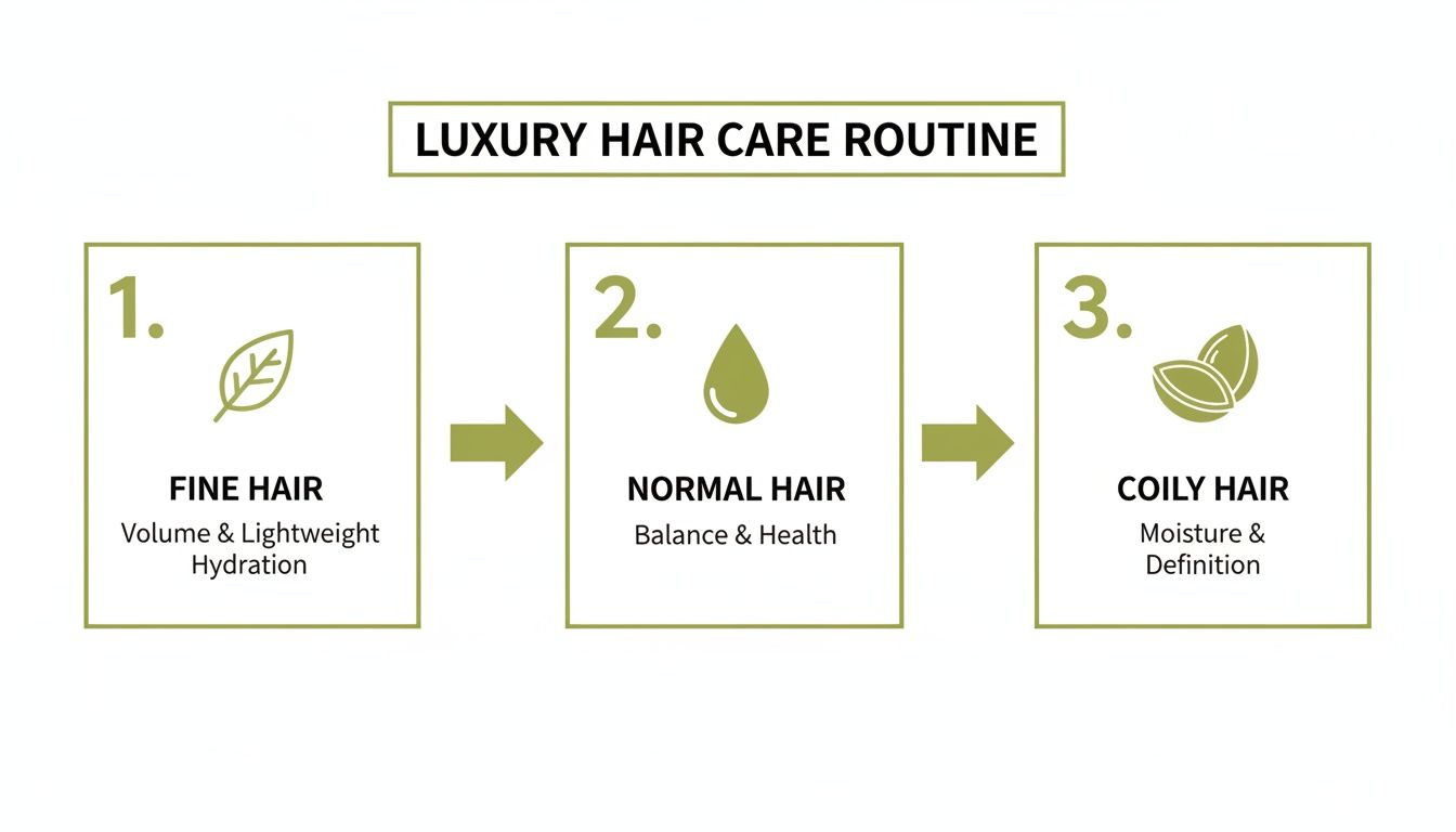 Diagram illustrating a luxury hair care routine for fine, normal, and coily hair, focusing on hydration, balance, and definition.