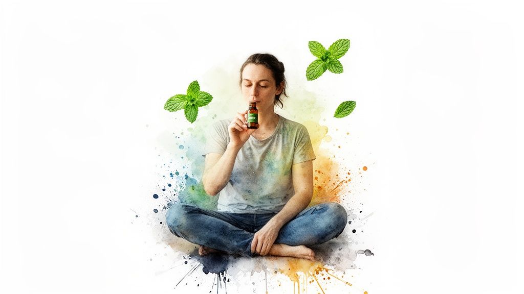 A person sitting cross-legged smells a small bottle, surrounded by mint leaves and colorful watercolor splashes.