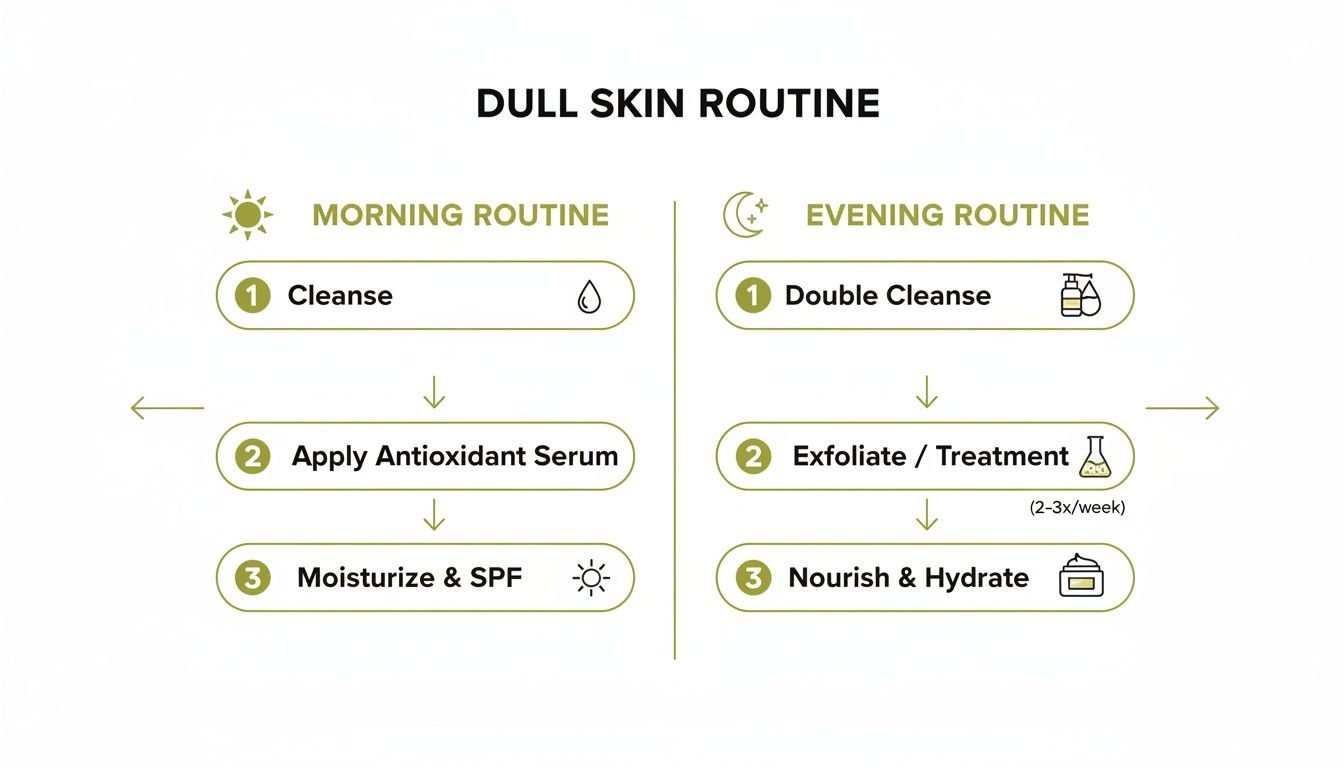 A comprehensive daily skincare routine for dull skin, featuring morning and evening steps with product application order.