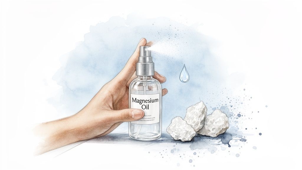 A hand holds and sprays a bottle of magnesium oil, with mineral chunks and a water droplet.