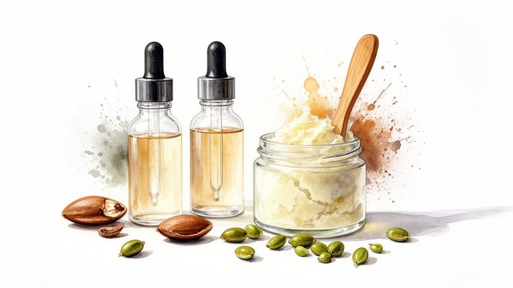 Natural beauty products: two argan oil bottles, whipped shea butter, and argan nuts.