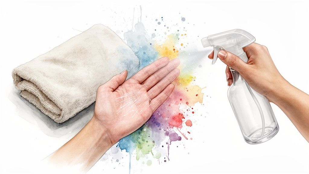 A hand spraying liquid from a bottle onto another hand, with a towel and colorful splashes.