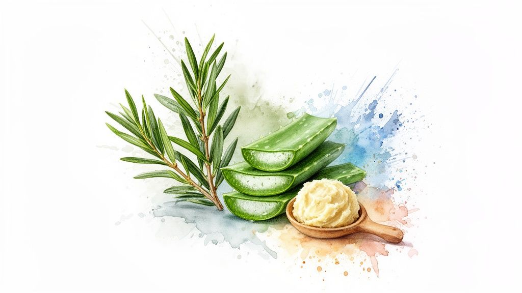 Watercolor illustration featuring rosemary, sliced aloe vera, and shea butter in a wooden spoon, against a white background.