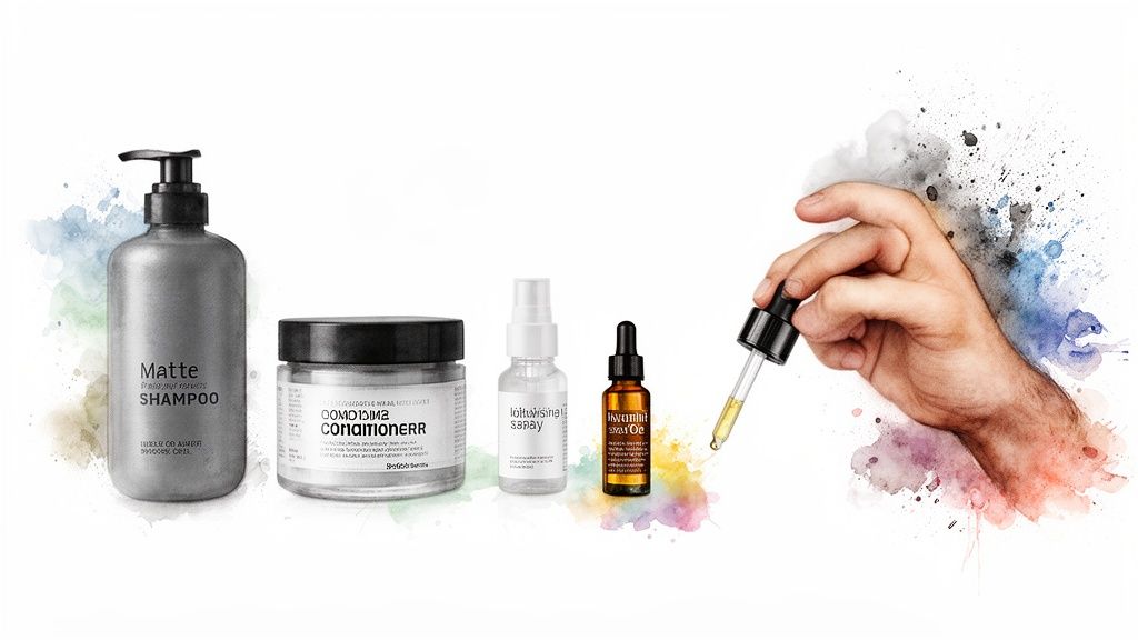 Assortment of natural hair care products for men, including shampoo, conditioner, spray, and a hand holding an oil dropper.