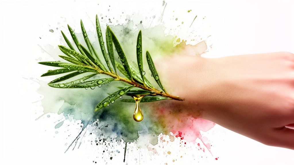 Fresh tea tree leaves with water drops and a golden oil droplet falling, next to a human arm.