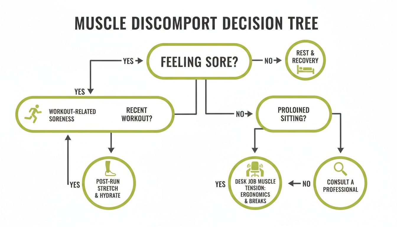 A flowchart decision tree for muscle discomfort, outlining steps for workout soreness, prolonged sitting, and professional consultation.