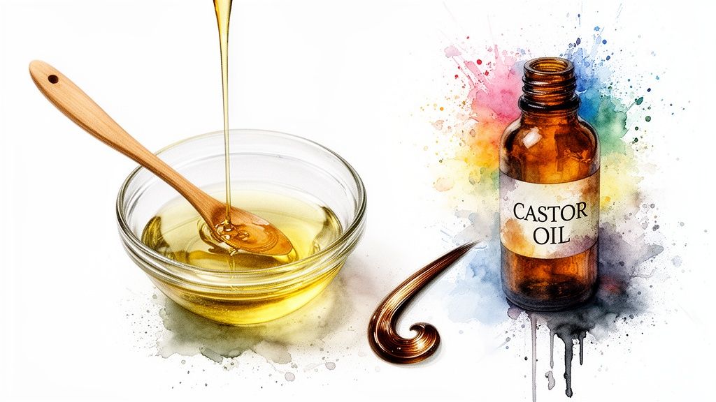 Castor oil is poured into a glass bowl with a wooden spoon, next to a bottle and a stylized lock of hair on a watercolor background.
