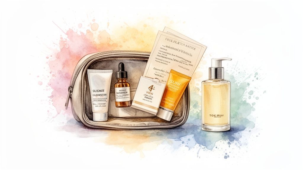 A watercolor illustration of a skincare travel set with a toiletry bag, various products, and a pump bottle.