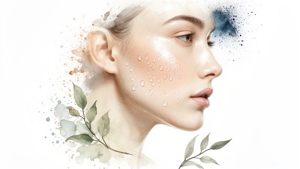 Watercolor illustration of a woman with dewy skin, water drops, and natural leaf accents.