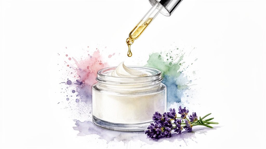 Watercolor of cream jar, oil dropper, and lavender for natural skincare on a colorful background.