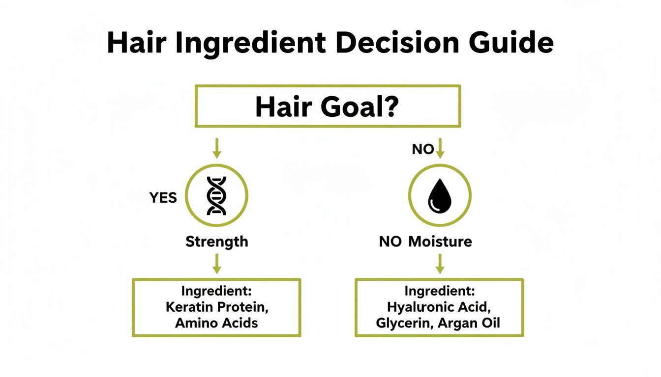 Decision guide for hair ingredients, recommending keratin and amino acids for strength or hyaluronic acid for moisture.