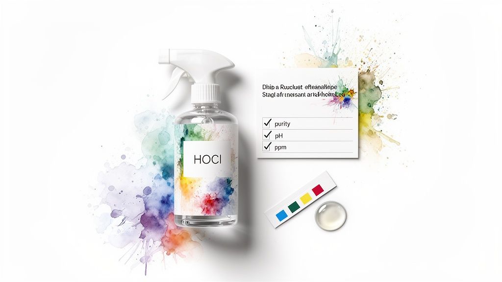 A HOCl spray bottle, a purity checklist, and a pH test strip with a liquid sample.
