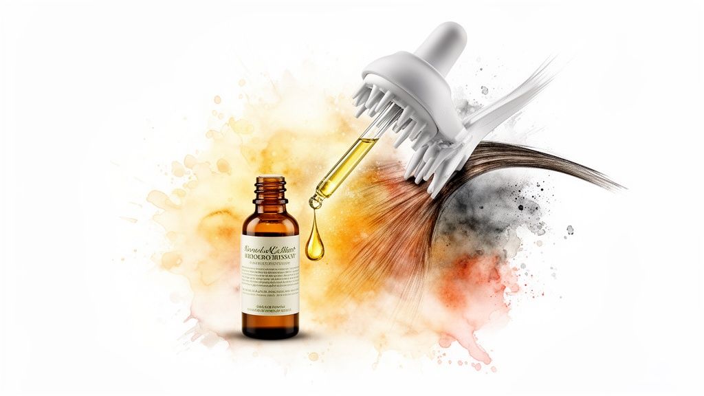 A dropper bottle with golden hair serum dripping onto stylized hair, next to a white scalp massager.