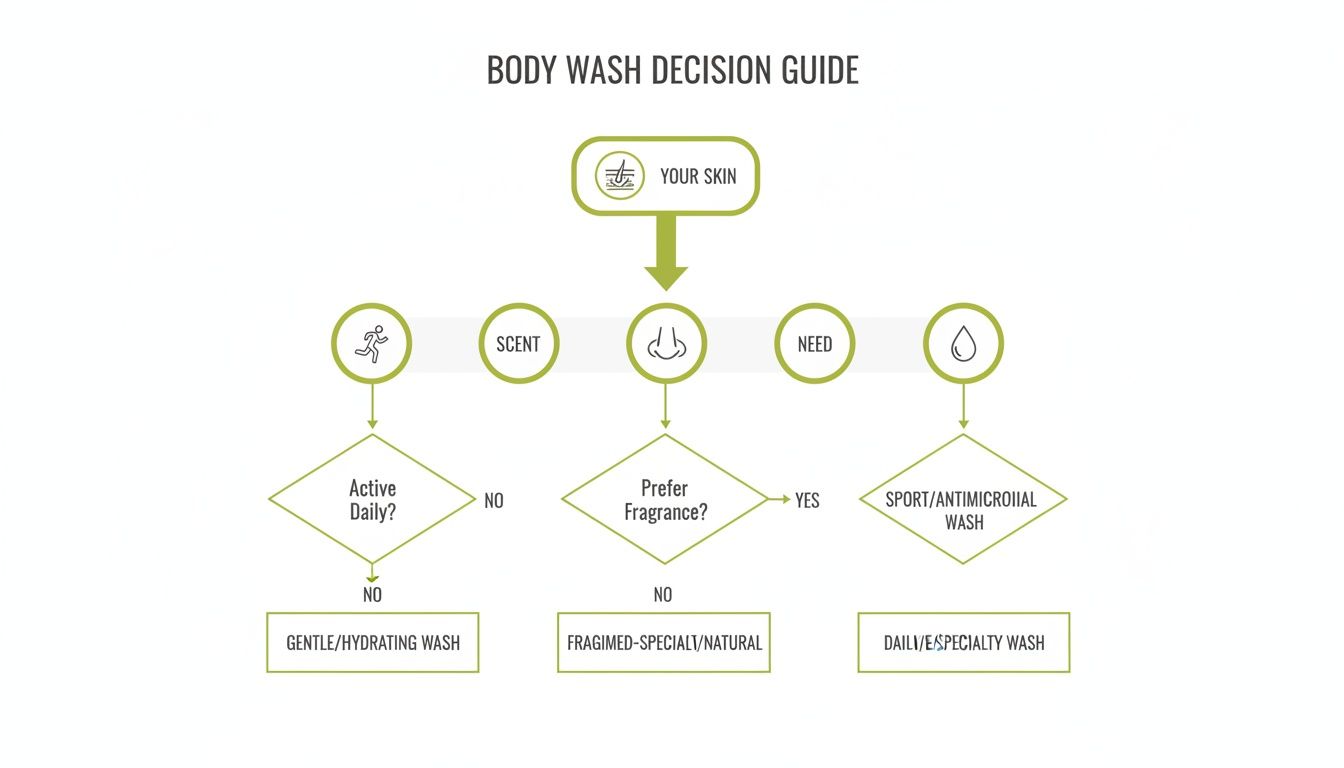 A body wash decision guide flowchart illustrating choices based on skin type, activity, scent, and specific needs.