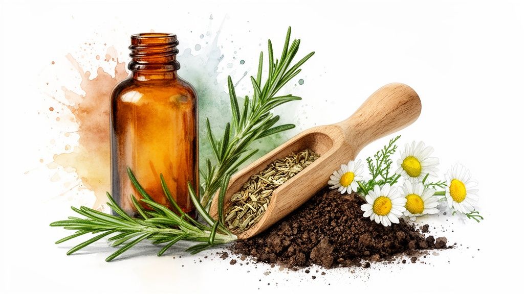 Amber bottle, fresh rosemary, dried herbs in scoop, soil, and chamomile flowers for natural skincare.