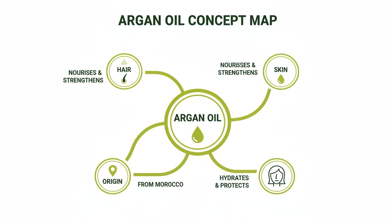 An Argan Oil concept map illustrating its benefits for hair, skin, and overall hydration, highlighting its Moroccan origin.
