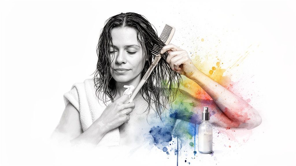 A woman with wet hair is combing it, applying product amidst colorful watercolor splashes.