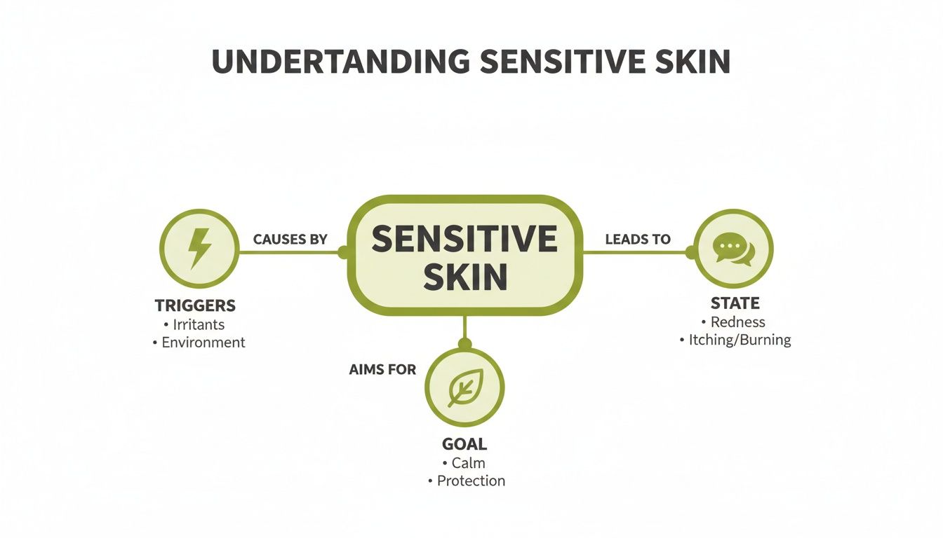 Diagram explaining sensitive skin, its triggers (irritants, environment), symptoms (redness, itching/burning), and goals (calm, protection).