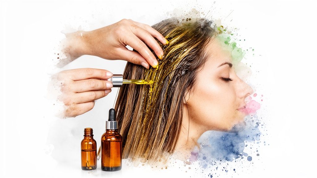 Hands applying golden hair oil to a woman's hair with a dropper, showcasing a hair treatment.