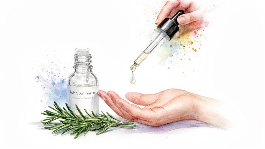 A hair growth serum bottle with rosemary, a dropper applying a drop to a hand.