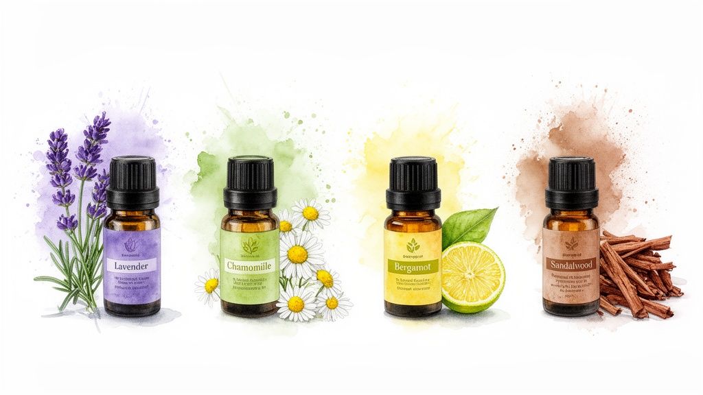 Four distinct essential oil bottles: lavender, chamomile, bergamot, and sandalwood, with their plants.