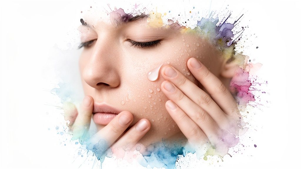 Close-up of a woman applying hydrating serum to her dewy face with colorful watercolor splashes.