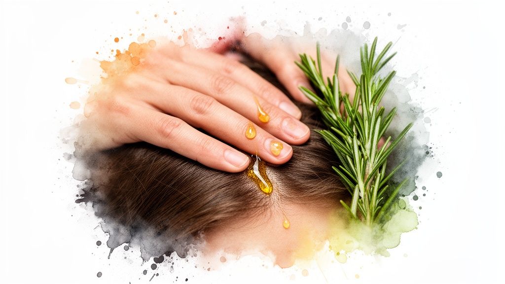 Hands applying golden rosemary oil drops to a scalp with fresh rosemary sprigs.