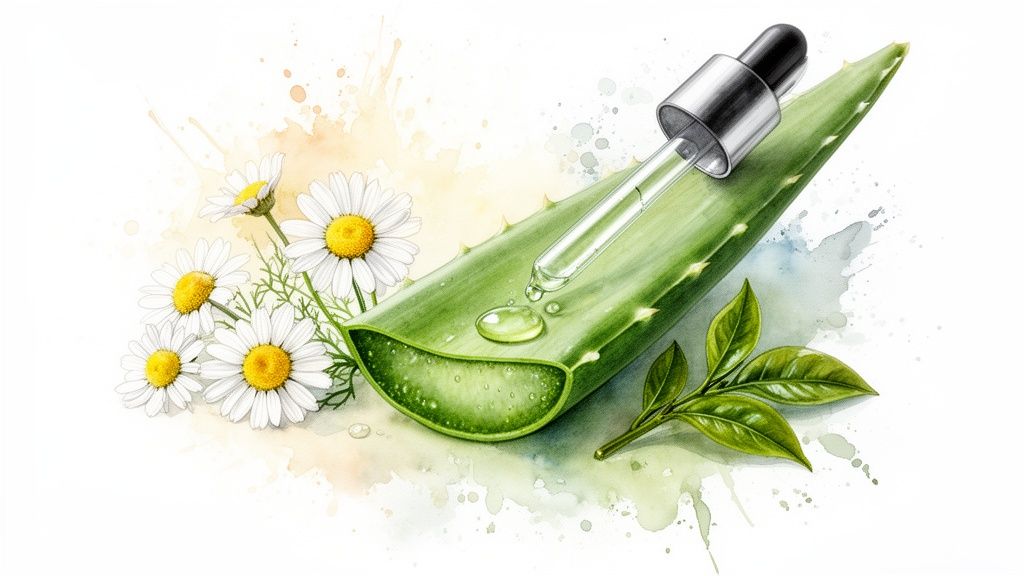 Watercolor illustration of aloe vera, chamomile flowers, green leaves, and a dropper with essence.
