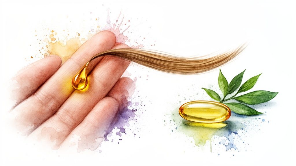 Hand with hair strand and golden oil drop, an oil capsule, and fresh green leaves.