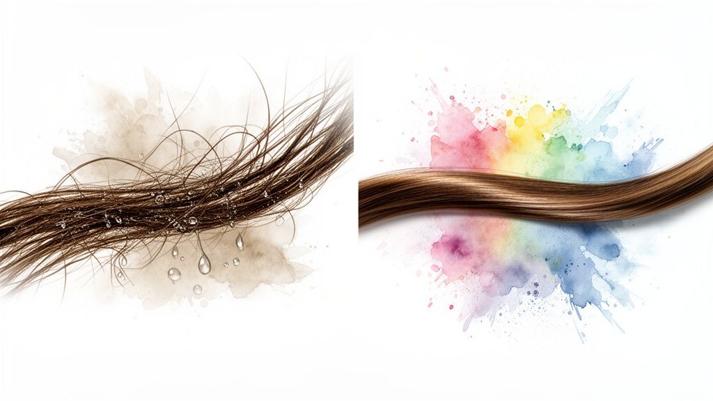 Before and after image of frizzy, tangled hair with water droplets versus smooth, healthy hair on colorful watercolor.