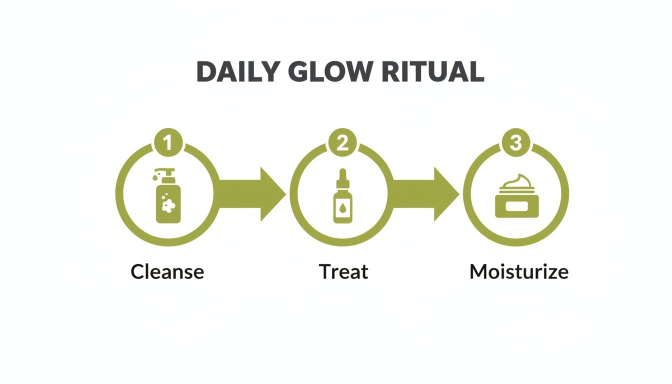 Infographic illustrating a daily glow ritual with three steps: cleanse, treat, and moisturize skincare.