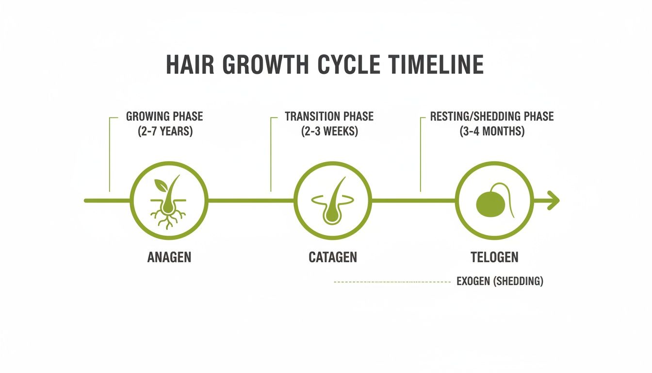 Hair growth cycle timeline showing anagen, catagen, and telogen phases with durations and icons.