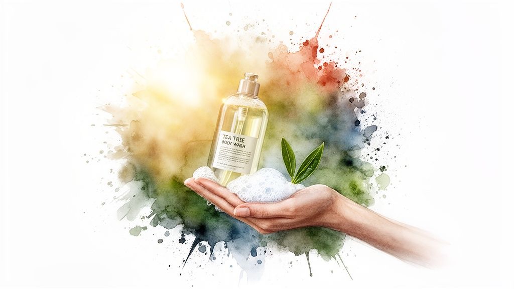 A hand gently holds a clear bottle of Tea Tree Body Wash with foam and green leaves, against a vibrant watercolor background.
